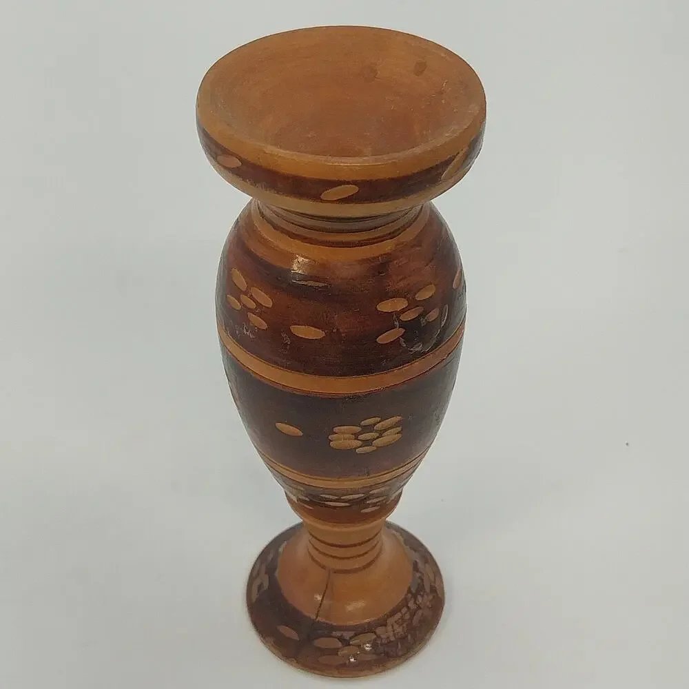 Hand Crafted Wooden Bud Vase Brown Carved Detailed Inlay Folk Art 6.9